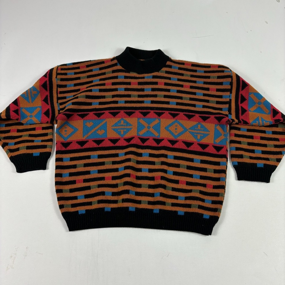 Vintage Spunky Sweater Mens Large Aztec Mock Neck Knit Pullover Geometric USA